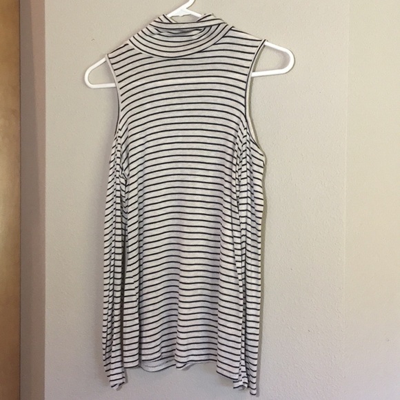 Cold shoulder top, cream, navy stripe, turtleneck - Picture 1 of 6